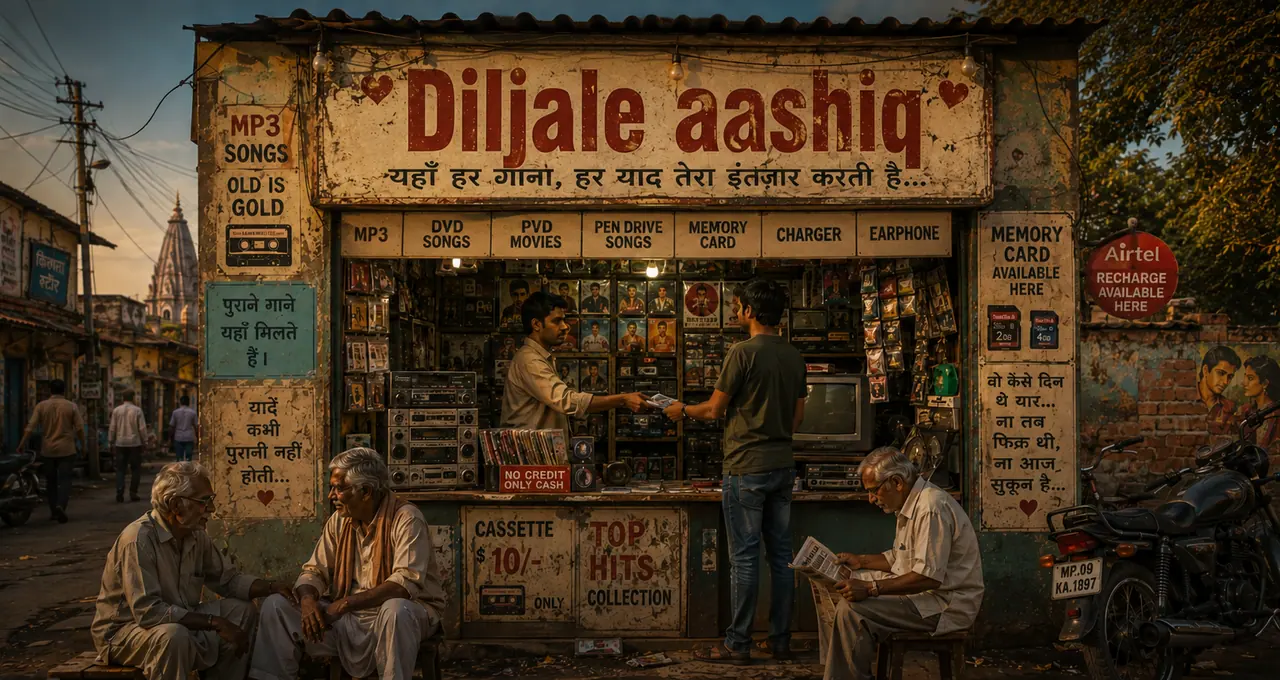 Diljale Aashiq — a roadside MP3 and cassette stall at dusk, its painted signboard promising ‘yahaan har gaana, har yaad tera intezaar karti hai’, with old men sitting out front.